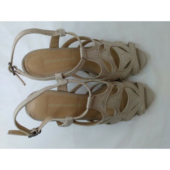Cloud Walkers Antoinette Tan Vegan Suede Strappy T-strap 4" High Heels Sz 9 W - Picture 2 of 9